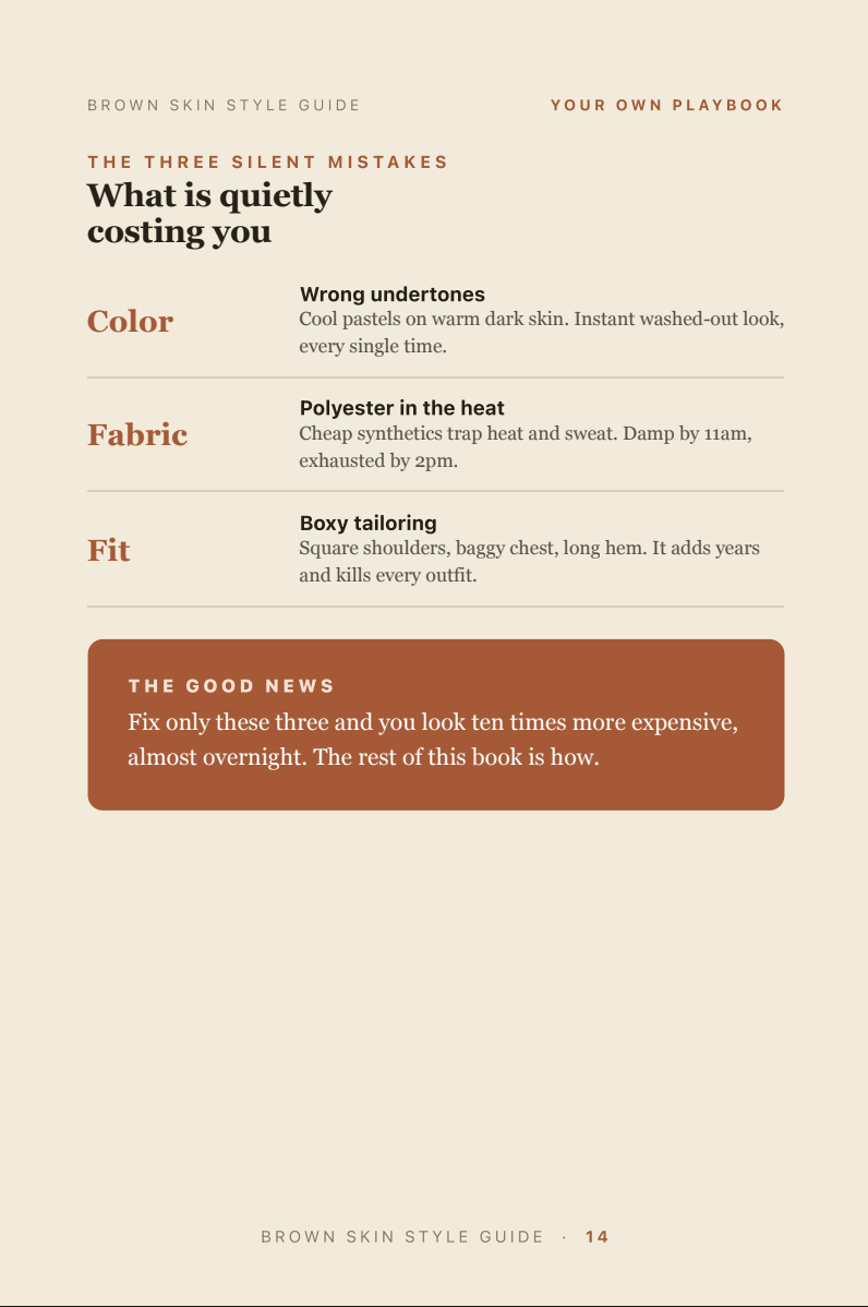 The three silent mistakes — colour, fabric, fit