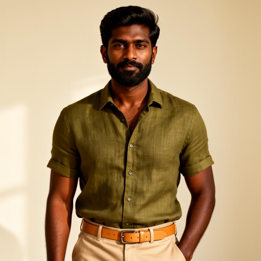 Dark-skinned Indian man in flattering earth tones